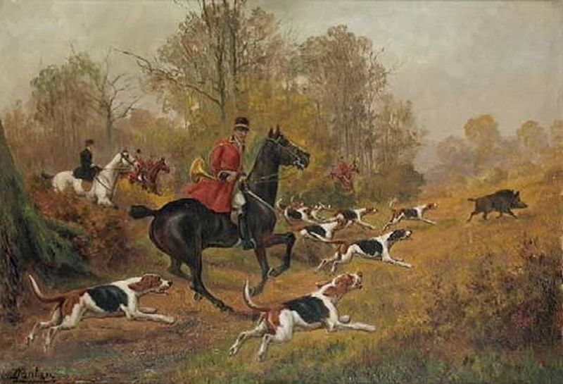 Cani da caccia (bretoni) a Forcade, baule, vestiti, cappello e frusta (del Conte di Bary)